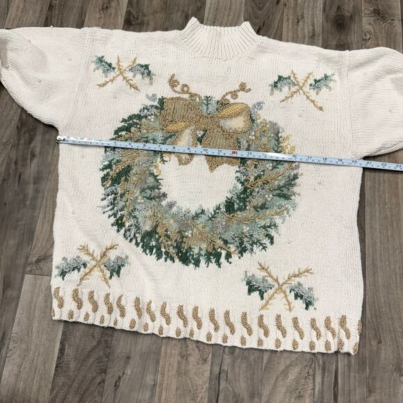 Vintage Christmas Wreath hand knit embellished intarsia mock neck sweater - Picture 3 of 6